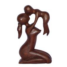 Wooden Dark Brown Mom And Kid Sculpture