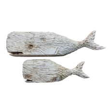 Wooden Decorative Whales White Wash Set Of 2