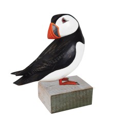 Wooden Puffin Preening Bird On Base 20 cm 