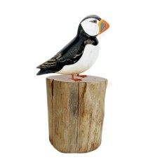 Wooden Puffin Bird On Tree Stump 19 cm