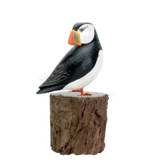 Wooden Puffin Preening Bird On Tree Stump 20 cm 