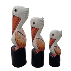 Wooden White Orange Pelican On Base Set of 3