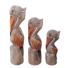 Wooden Grey Orange Pelican On Base Set of 3