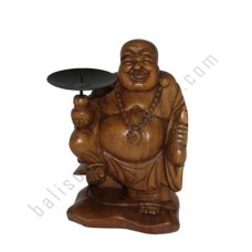 Wooden Happy Buddha Candle Holder Brown 20 cm