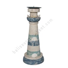 Wooden Lighthouse Candle Holder Blue Wash 30 cm