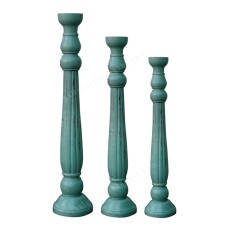 Wooden Pillar Candle Holder Light Blue Finish Set Of 3