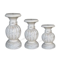 Wooden Candle Holder White Washed Finish Set Of 3