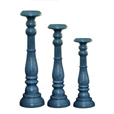 Wooden Pillar Candle Holder Dark Blue Set Of 3