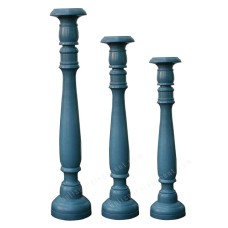 Wooden Pillar Candle Holder Dark Blue Finish Set Of 3