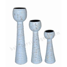 Wooden Threaded Candle Holder Light Blue Set of 3