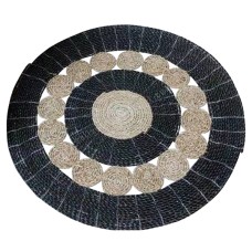 Woven Straw Grass Round Rug Natural Black 150 cm