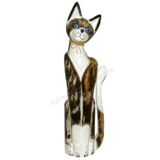 Wooden Cat Painted White Brown Wash 100 cm