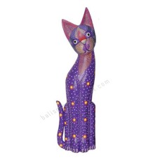 Wooden Cat Painted Purple Dots Aboriginal 60 cm