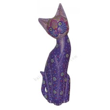 Wooden Cat Painted Purple Dots Aboriginal 30 cm