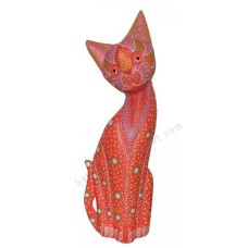 Wooden Cat Painted Red Dots Aboriginal 30 cm