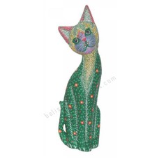 Wooden Cat Painted Green Dots Aboriginal 30 cm