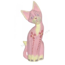 Wooden Cat Pink Painted Red Flower 25 cm