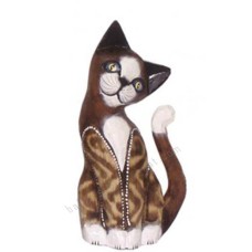 Wooden Cat Striped Brown Burnt White 20 cm