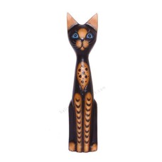 Wooden Cat Sitting Black Brown Stripes 35 cm