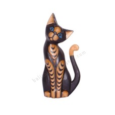 Wooden Cat Black Brown Stripes Long Tail 30 cm