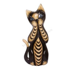 Wooden Cat Painted Black Brown Closed Mouth 30 cm