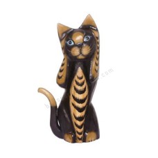 Wooden Cat Painted Black Brown Closed Ears 30 cm