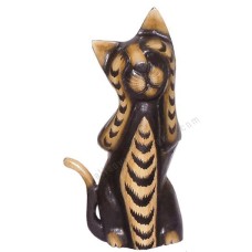 Wooden Cat Painted Black Brown Closed Eyes 30 cm