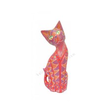 Wooden Cat Red Orange Dots Painted 25 cm