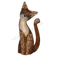 Wooden Cat Brown Carved Long Tail 25 cm