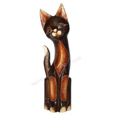 Wooden Cat Painted Antique Brown White 50 cm