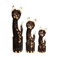 Wooden Cat Dark Brown White Flower Motif Set of 3