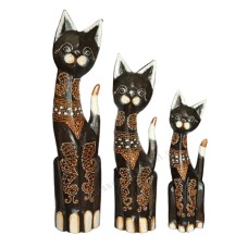 Wooden Cat Black White Painted Brown Set of 3