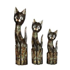 Wooden Cat Painted Black Green Gold Set of 3