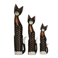 Wooden Cat Black Brown White Carved Set of 3