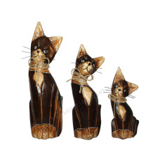 Wooden Cat Antique Brown Carved Set of 3