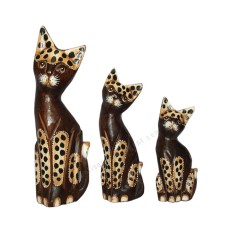 Wooden Cat Dark Brown Leopard Motif Set of 3