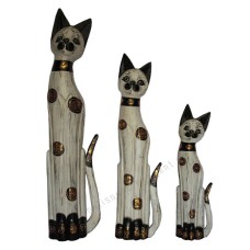 Wooden Cat Painted White Black Gold Set of 3