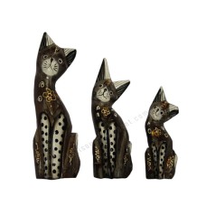 Wooden Cat Painted Grey White Gold Set of 3