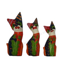 Wooden Cat Painted Multi Color Set of 3