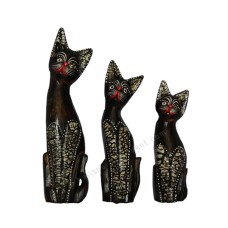 Wooden Cat Dark Brown Eggshell Motif Set of 3