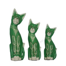 Wooden Cat Green White Painted Set of 3