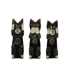 Wooden Cat Black White Closed Ears Mouth Eyes Set of 3
