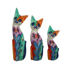 Wooden Cat Painted Multicolored With Gold Set of 3