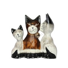 Wooden Cat Family Black Brown White 15 cm