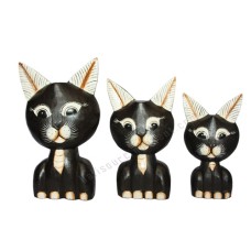 Wooden Cat Big Head Black White Set of 3