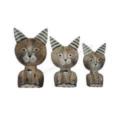 Wooden Cat Big Head White Wash Set of 3