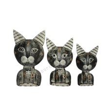 Wooden Cat Big Head Black White Wash Set of 3