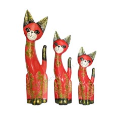 Wooden Cat Painted Red Black Gold Set of 3