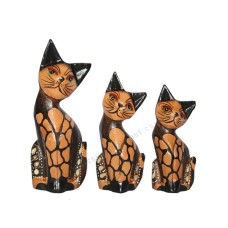 Wooden Cat Brown Cracked Motif Set of 3