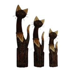 Wooden Cat Mustache Antique Brown Set of 3